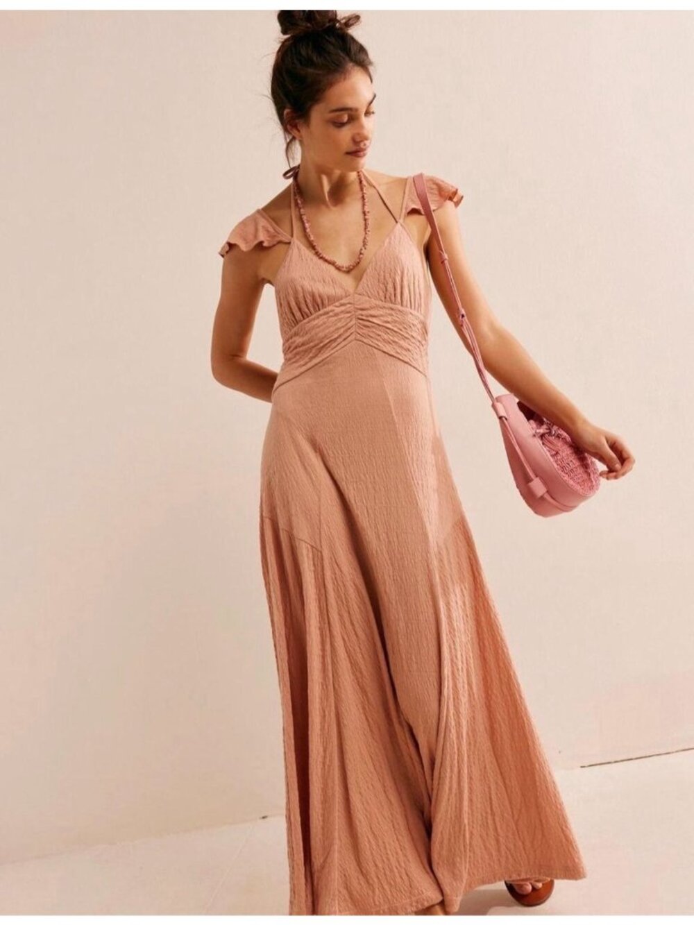 Free People Louisa Taupe Maxi Dress With Flutter Sleeves & Halter Tie Sz M